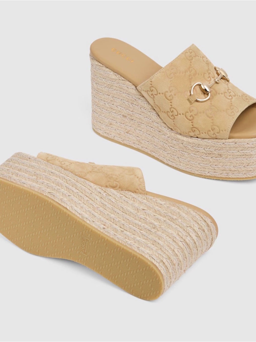 Gucci Tan Suede GG Espadrille Platform Wedge Sandals with Horsebit